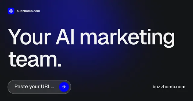 Social ad for BuzzBomb: "Your AI marketing team." Agentic glass style, poster layout, dark palette in black, blue, grey.