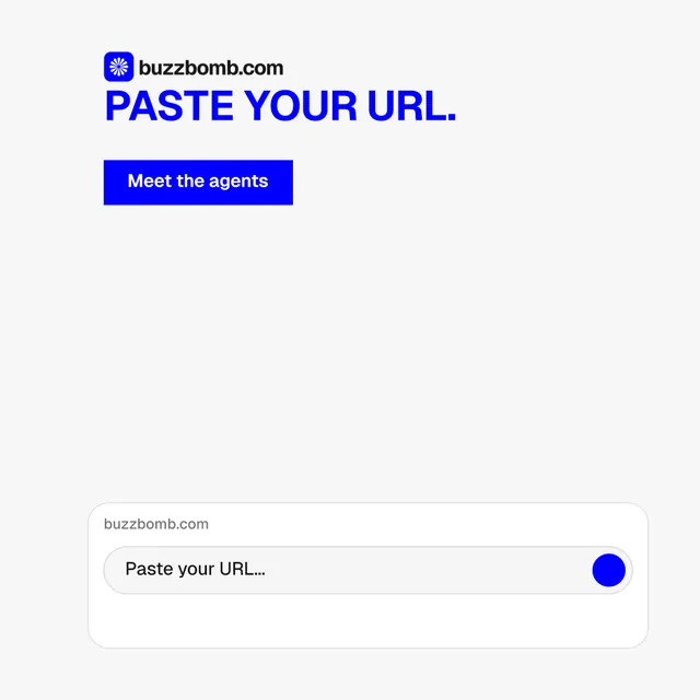 Instagram post for BuzzBomb: "Paste your URL." Swiss style, skeleton layout, light palette in white.