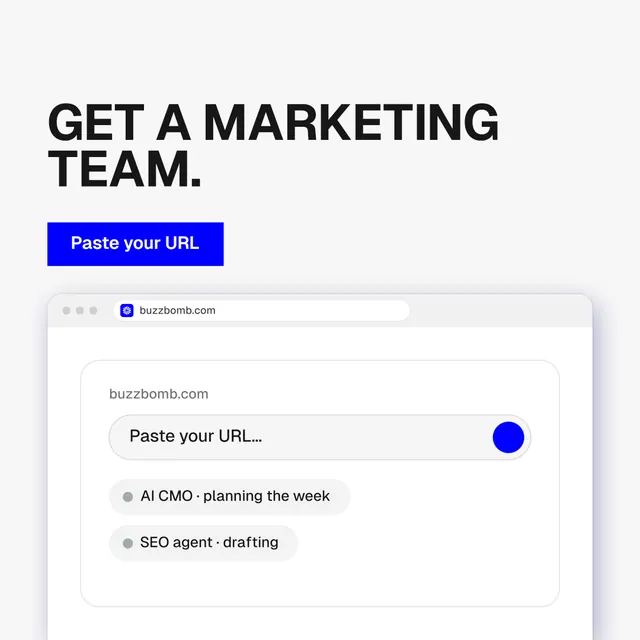Instagram post for BuzzBomb: "Get a marketing team." Swiss style, browser layout, light palette in white, blue.