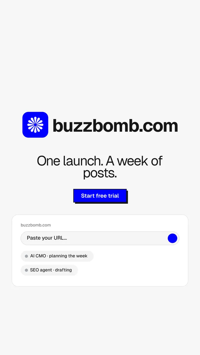 Instagram story for BuzzBomb: "One launch. A week of posts." Brutalist style, logo hero layout, light palette in white, blue.