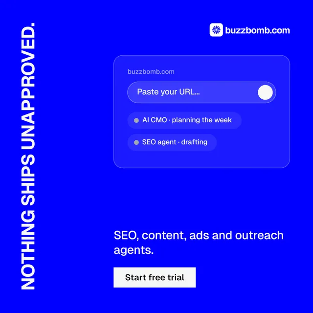 Instagram post for BuzzBomb: "Nothing ships unapproved." Swiss style, vertical layout, dark palette in blue.