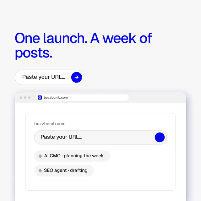 Instagram post for BuzzBomb: "One launch. A week of posts." Agentic glass style, browser layout, light palette in white, blue.