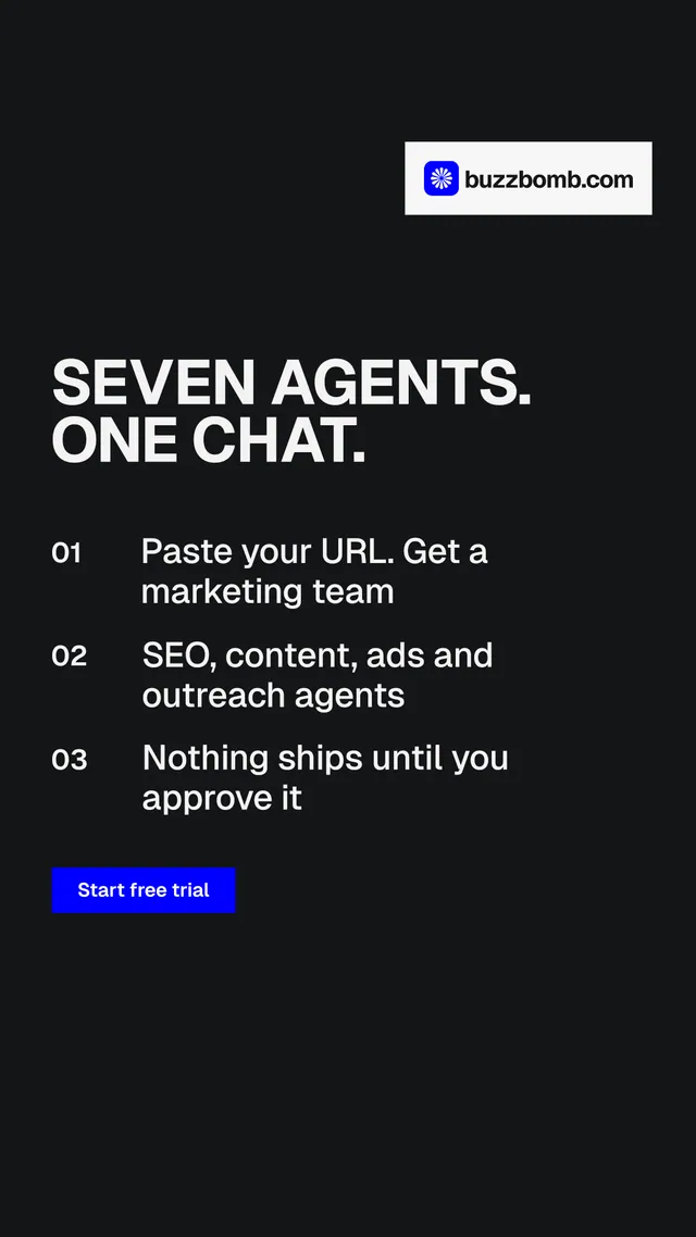Instagram story for BuzzBomb: "Seven agents. One chat." Swiss style, numbered layout, dark palette in black, grey.