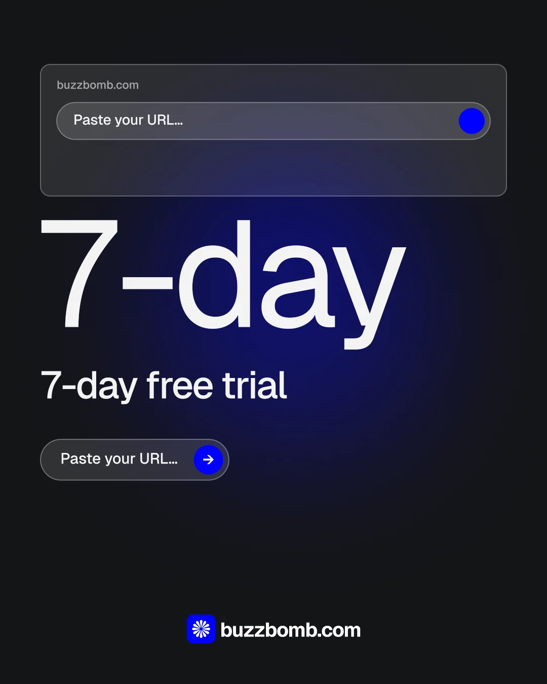 Instagram portrait post for BuzzBomb: "One launch. A week of posts." Agentic glass style, stat layout, dark palette in black, blue, grey.