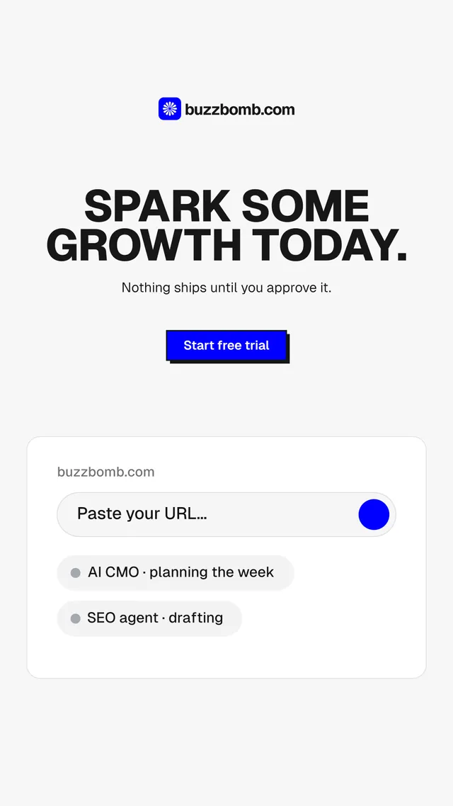 Instagram story for BuzzBomb: "Spark some growth today." Brutalist style, centred layout, light palette in white, grey.