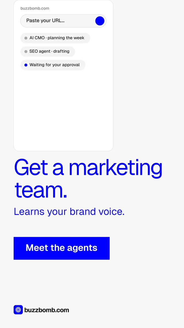 Instagram story for BuzzBomb: "Get a marketing team." Swiss style, skeleton layout, light palette in white, blue.