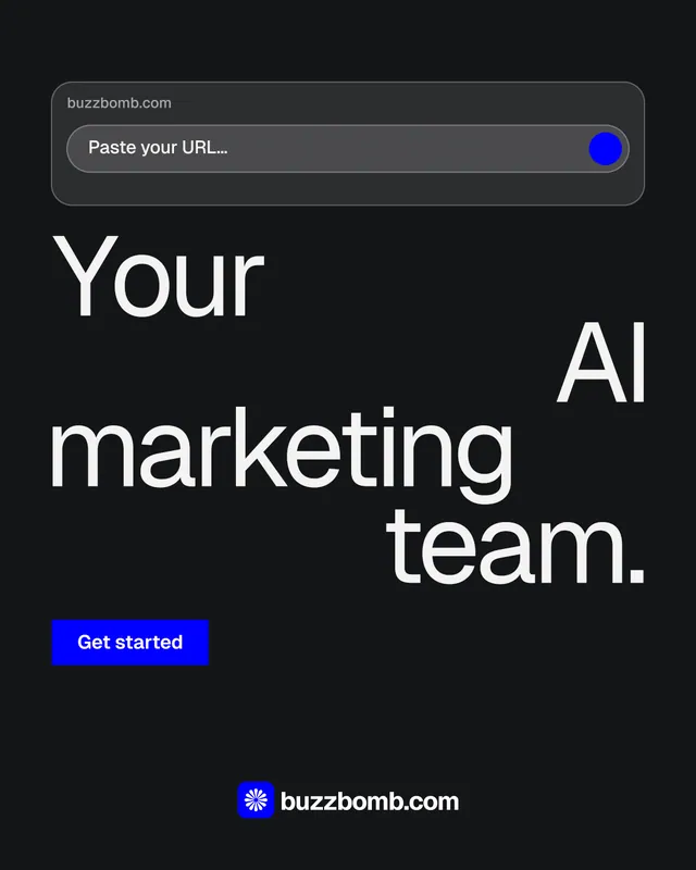 Instagram portrait post for BuzzBomb: "Your AI marketing team." Split block style, stacked layout, dark palette in black, grey.