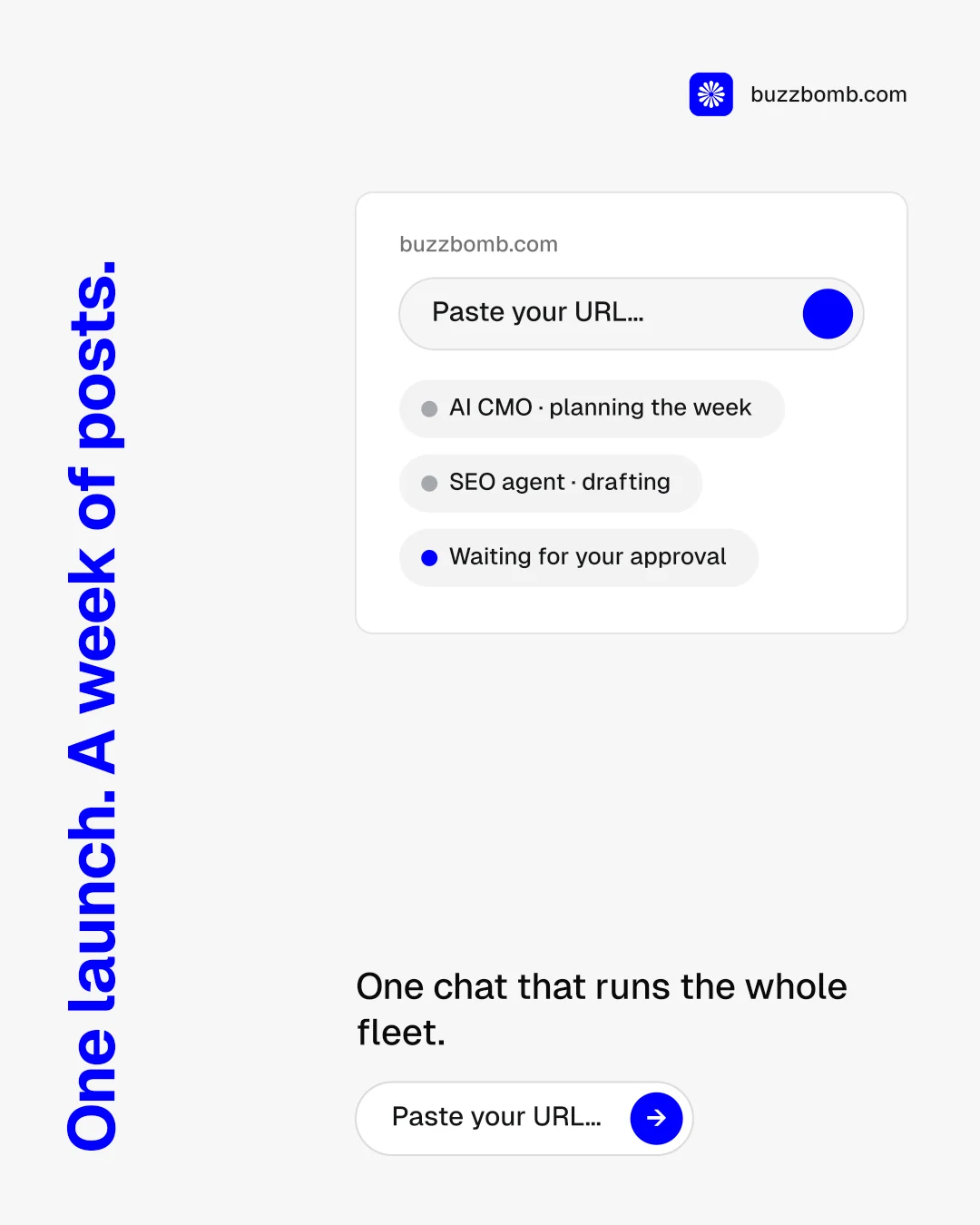 Instagram portrait post for BuzzBomb: "One launch. A week of posts." Agentic glass style, vertical layout, light palette in white, blue.