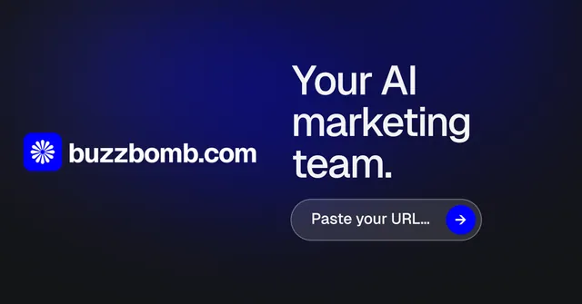 Social ad for BuzzBomb: "Your AI marketing team." Agentic glass style, logo hero layout, dark palette in black, blue, grey.