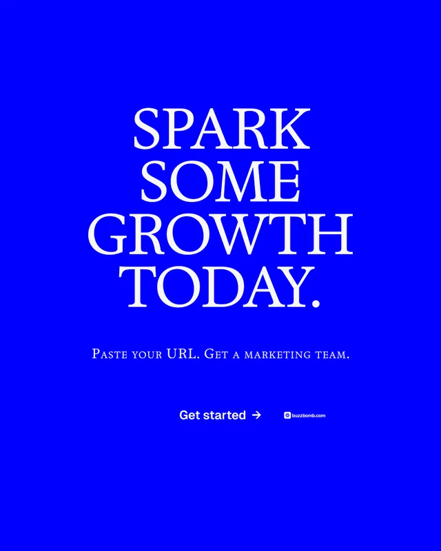 Instagram portrait post for BuzzBomb: "Spark some growth today." Swiss style, smallcaps layout, dark palette in blue.