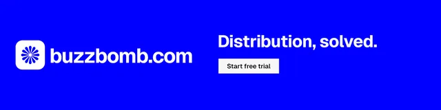 LinkedIn banner for BuzzBomb: "Distribution, solved." Split block style, logo hero layout, dark palette in blue.
