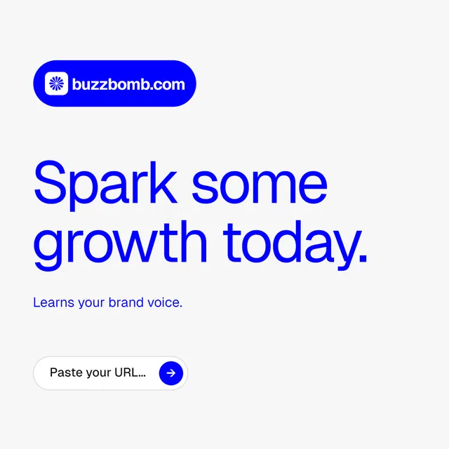 Instagram post for BuzzBomb: "Spark some growth today." Agentic glass style, announce layout, light palette in white, blue.