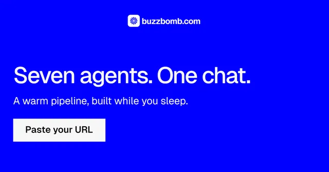 Social ad for BuzzBomb: "Seven agents. One chat." Swiss style, skeleton layout, dark palette in blue.