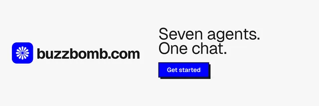 X header for BuzzBomb: "Seven agents. One chat." Brutalist style, logo hero layout, light palette in white.