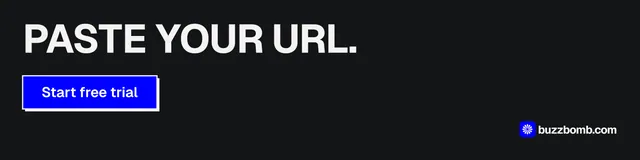 LinkedIn banner for BuzzBomb: "Paste your URL." Brutalist style, skeleton layout, dark palette in black, grey.