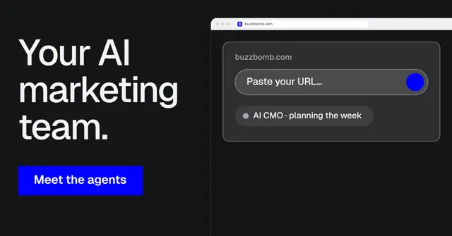 Social ad for BuzzBomb: "Your AI marketing team." Swiss style, browser layout, dark palette in black, grey.