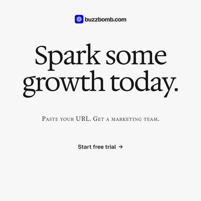Instagram post for BuzzBomb: "Spark some growth today." Swiss style, smallcaps layout, light palette in white, grey.
