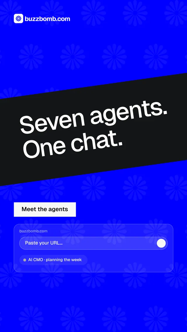 Instagram story for BuzzBomb: "Seven agents. One chat." Split block style, diagonal layout, dark palette in blue.