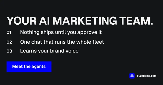 Social ad for BuzzBomb: "Your AI marketing team." Split block style, numbered layout, dark palette in black, grey.