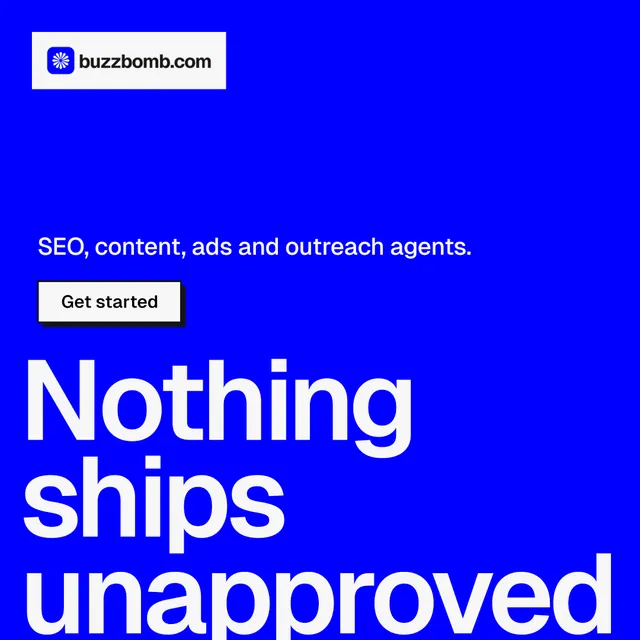 Instagram post for BuzzBomb: "One launch. A week of posts." Brutalist style, oversized layout, dark palette in blue, white.