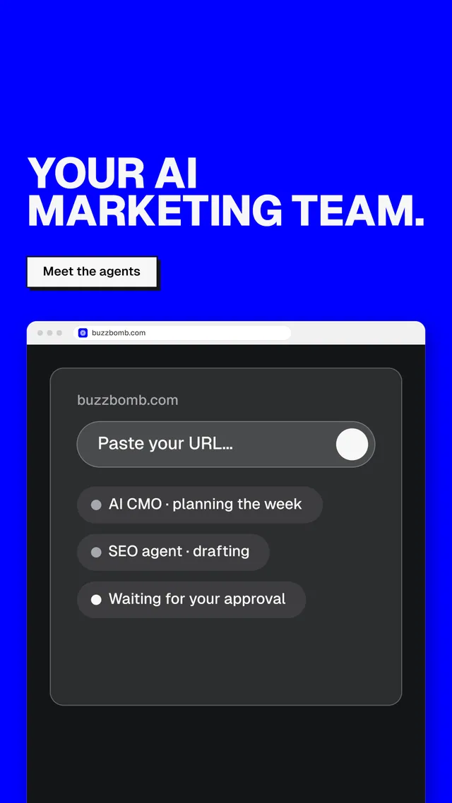 Instagram story for BuzzBomb: "Your AI marketing team." Brutalist style, browser layout, dark palette in black, blue, grey.