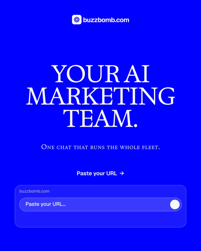 Instagram portrait post for BuzzBomb: "Your AI marketing team." Swiss style, smallcaps layout, dark palette in blue.