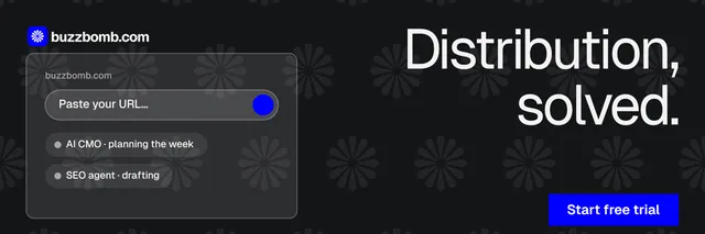 X header for BuzzBomb: "Distribution, solved." Split block style, right layout, dark palette in black, grey.