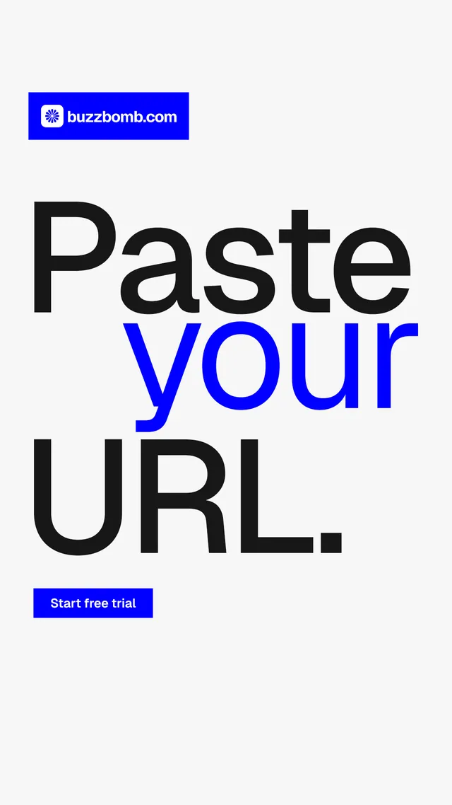 Instagram story for BuzzBomb: "Paste your URL." Swiss style, stacked layout, light palette in white, blue.