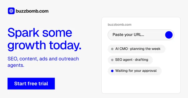 Social ad for BuzzBomb: "Spark some growth today." Swiss style, bottom layout, light palette in white, blue.