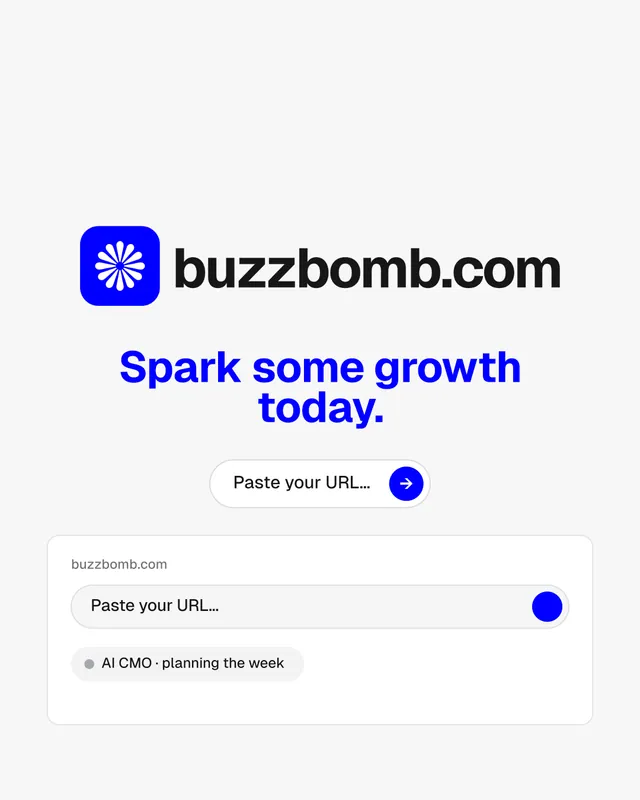 Instagram portrait post for BuzzBomb: "Spark some growth today." Agentic glass style, logo hero layout, light palette in white, blue.