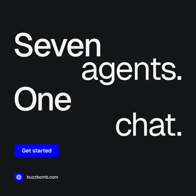 Instagram post for BuzzBomb: "Seven agents. One chat." Split block style, stacked layout, dark palette in black, grey.