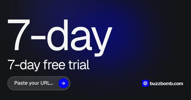 Social ad for BuzzBomb: "One launch. A week of posts." Agentic glass style, stat layout, dark palette in black, blue, grey.