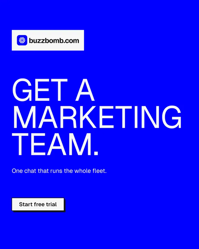 Instagram portrait post for BuzzBomb: "Get a marketing team." Brutalist style, announce layout, dark palette in blue.