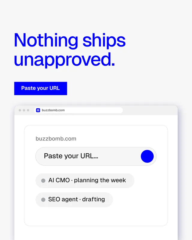 Instagram portrait post for BuzzBomb: "Nothing ships unapproved." Swiss style, browser layout, light palette in white, blue.