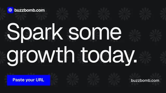 Landscape graphic for BuzzBomb: "Spark some growth today." Split block style, poster layout, dark palette in black, grey.