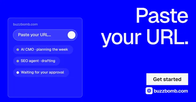 Social ad for BuzzBomb: "Paste your URL." Split block style, right layout, dark palette in blue.