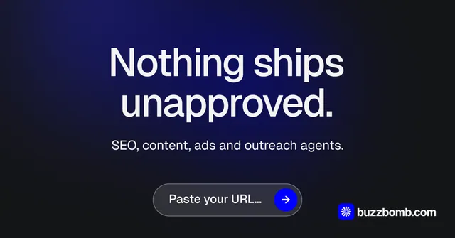 Social ad for BuzzBomb: "Nothing ships unapproved." Agentic glass style, centred layout, dark palette in blue, black, grey.