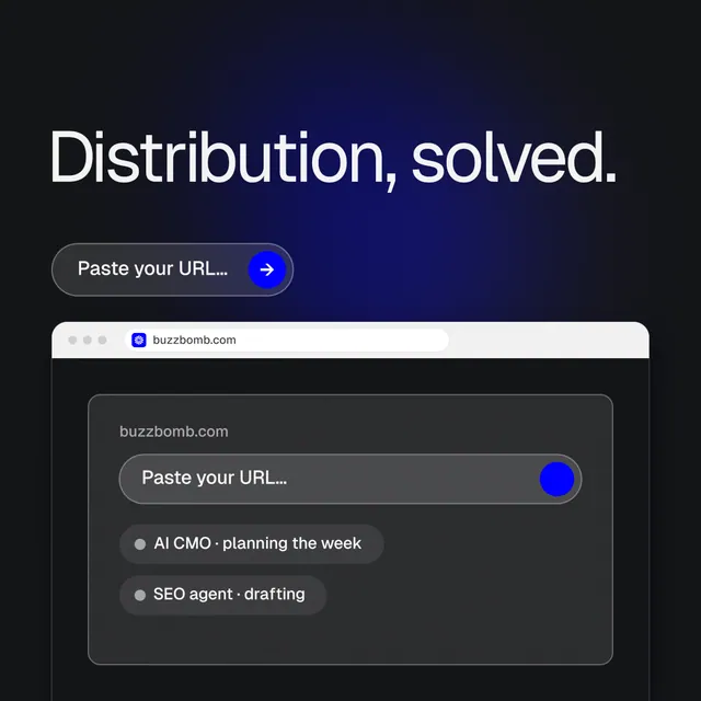 Instagram post for BuzzBomb: "Distribution, solved." Agentic glass style, browser layout, dark palette in black, blue, grey.
