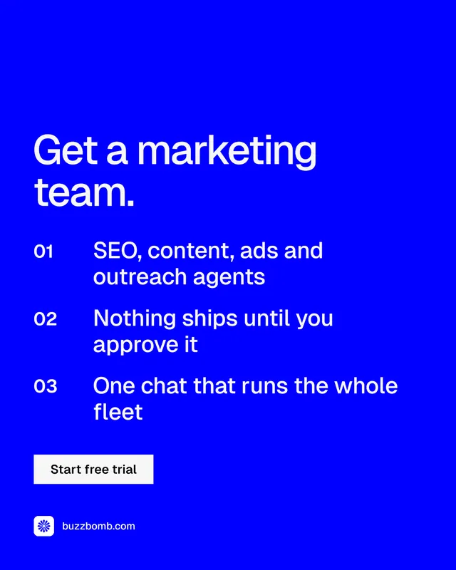 Instagram portrait post for BuzzBomb: "Get a marketing team." Swiss style, numbered layout, dark palette in blue.