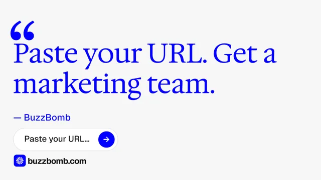 Landscape graphic for BuzzBomb: "Your AI marketing team." Agentic glass style, quote layout, light palette in white, blue.