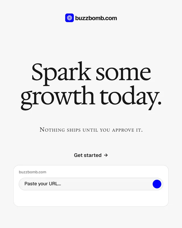 Instagram portrait post for BuzzBomb: "Spark some growth today." Swiss style, smallcaps layout, light palette in white, grey.