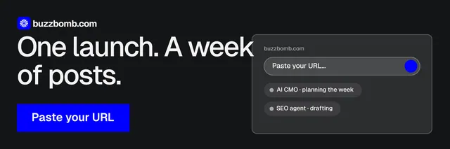 X header for BuzzBomb: "One launch. A week of posts." Swiss style, skeleton layout, dark palette in black, grey.