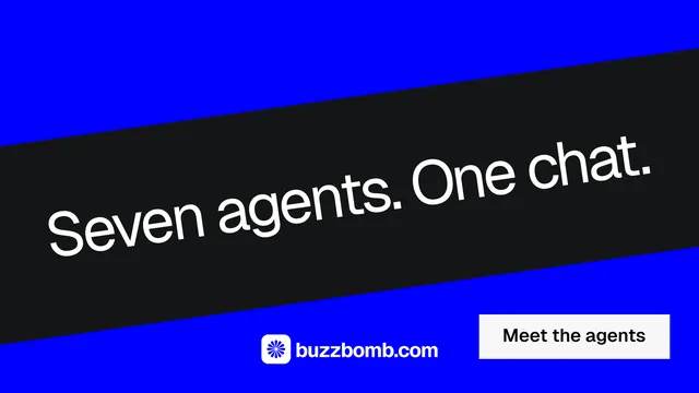 Landscape graphic for BuzzBomb: "Seven agents. One chat." Split block style, diagonal layout, dark palette in blue, black, grey.