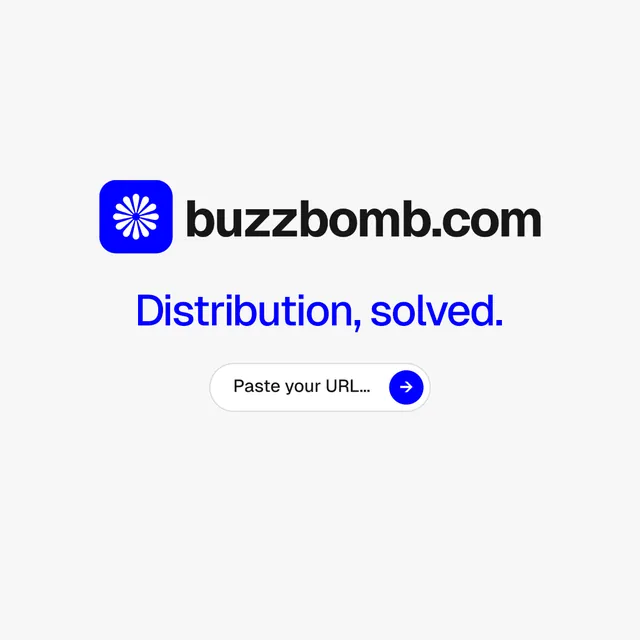 Instagram post for BuzzBomb: "Distribution, solved." Agentic glass style, logo hero layout, light palette in white.