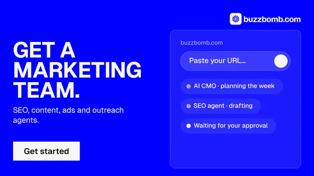 Landscape graphic for BuzzBomb: "Get a marketing team." Split block style, bottom layout, dark palette in blue.