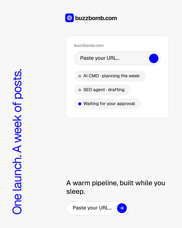 Instagram portrait post for BuzzBomb: "One launch. A week of posts." Agentic glass style, vertical layout, light palette in white, blue.