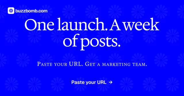 Social ad for BuzzBomb: "One launch. A week of posts." Split block style, smallcaps layout, dark palette in blue.