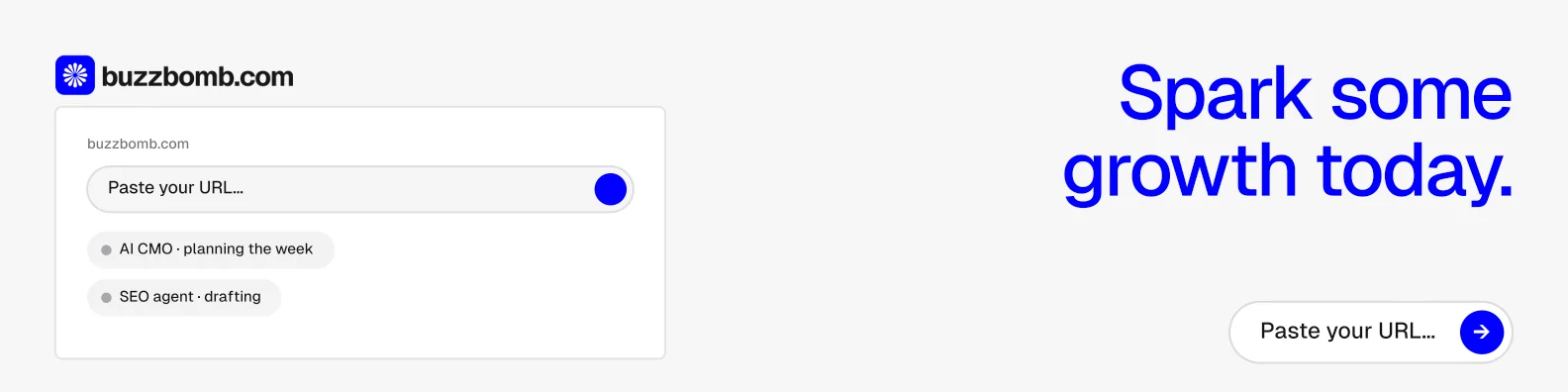 LinkedIn banner for BuzzBomb: "Spark some growth today." Agentic glass style, right layout, light palette in white, blue.