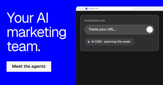 Social ad for BuzzBomb: "Your AI marketing team." Swiss style, browser layout, dark palette in blue, grey.