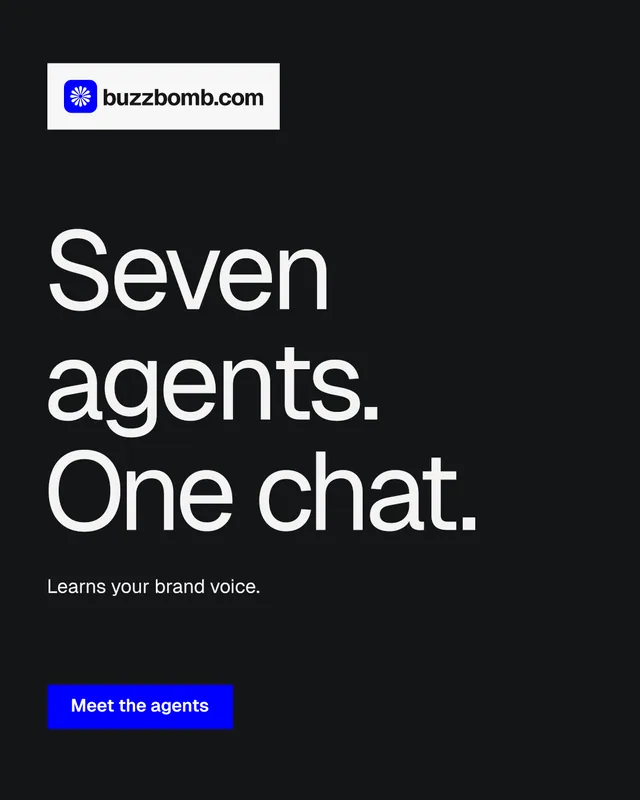 Instagram portrait post for BuzzBomb: "Seven agents. One chat." Split block style, announce layout, dark palette in black, grey.